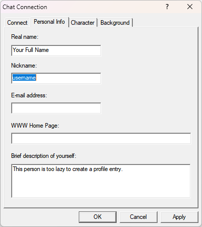 Microsoft Chat personal info screen