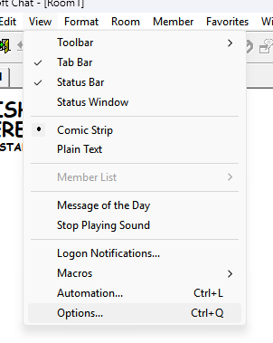Microsoft Chat menu showing Options