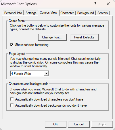 Microsoft Chat layout and comics view settings