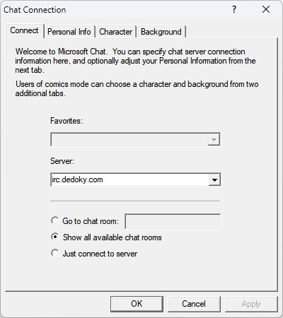 Microsoft Chat server settings