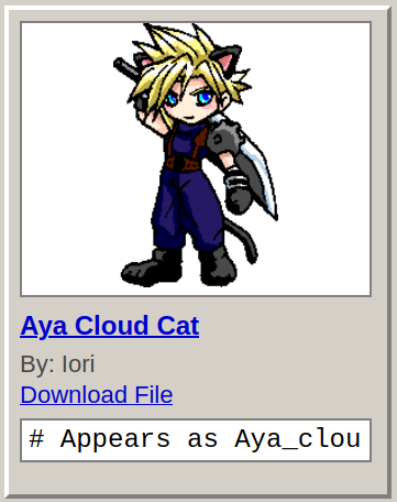 Character catalog entry showing download link and appears as line