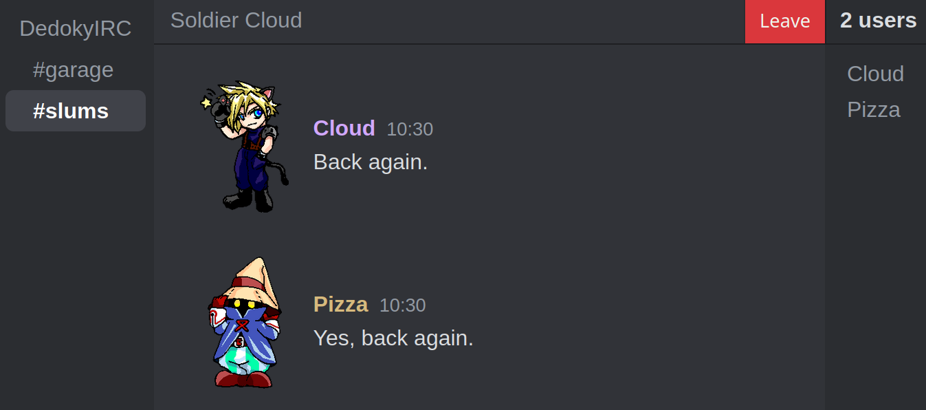 Live IRC room view showing the room list and Leave button