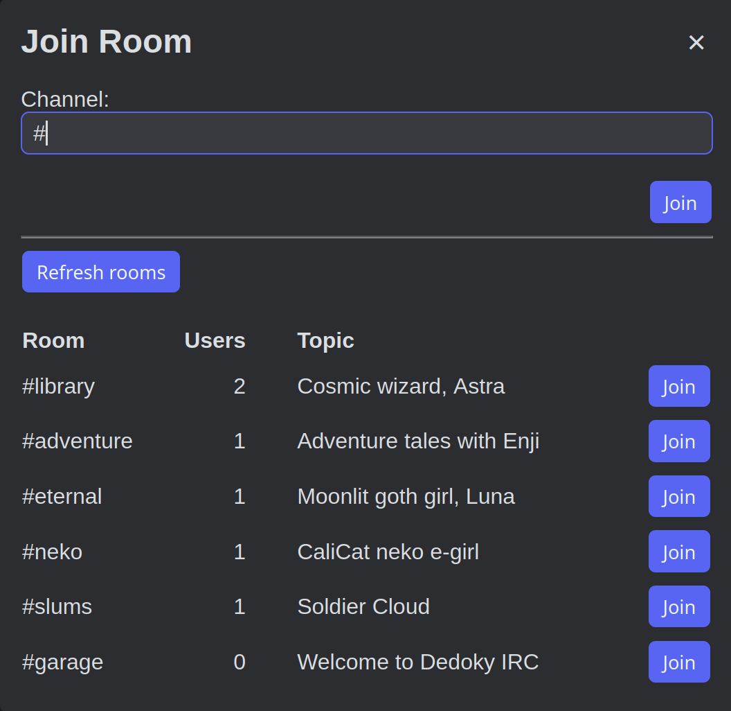 Live IRC room list and join dialog