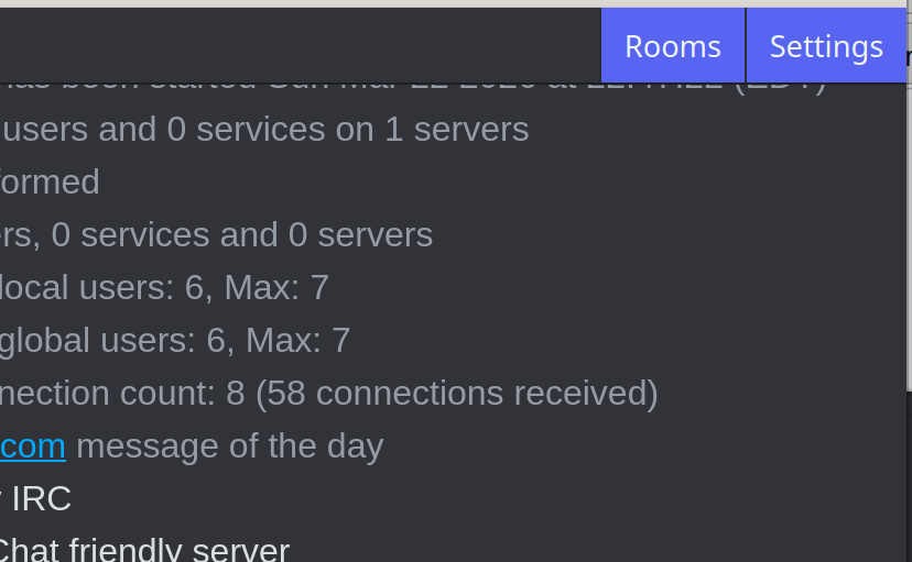 Live IRC chat showing the Rooms button